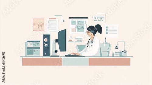 A medical transcriptionist working diligently at a computer, surrounded by medical documents and audio equipment, with a light solid color background photo
