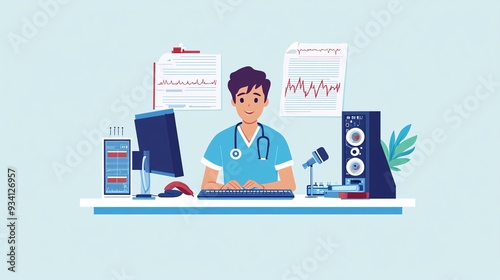 A medical transcriptionist working diligently at a computer, surrounded by medical documents and audio equipment, with a light solid color background photo