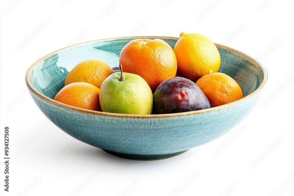 Fresh Fruit Bowl with Green Apple and Lemon - A blue bowl filled with a variety of fresh fruits, including oranges, a green apple, a lemon and a plum. A healthy and delicious snack or dessert. Fresh Fruit Bowl with Green Apple and Lemon - A blue bowl filled with a variety of fresh fruits, including oranges, a green apple, a lemon and a plum. A healthy and delicious snack or dessert.