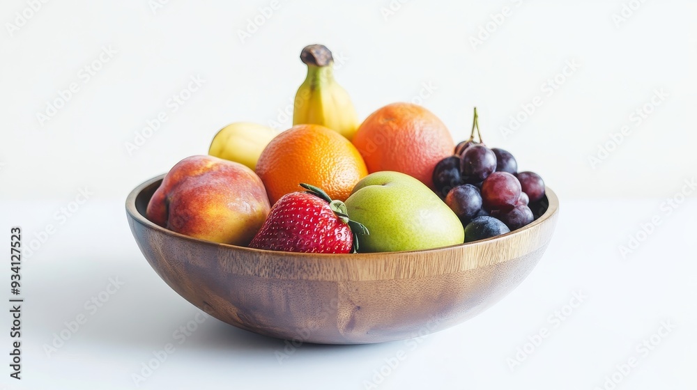 Fresh Fruit Salad in Wooden Bowl - A wooden bowl filled with various fresh fruits, including bananas, oranges, grapefruit, a peach, strawberries, and grapes. The vibrant colors and natural textures cr Fresh Fruit Salad in Wooden Bowl - A wooden bowl filled with various fresh fruits, including bananas, oranges, grapefruit, a peach, strawberries, and grapes. The vibrant colors and natural textures cr