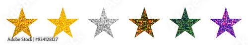 Glitter sparkle colorful textured regular five-pointed stars set vector illustration isolated on transparent background. Gold, silver, purple, green, shiny stickers, clip art, festive decoration