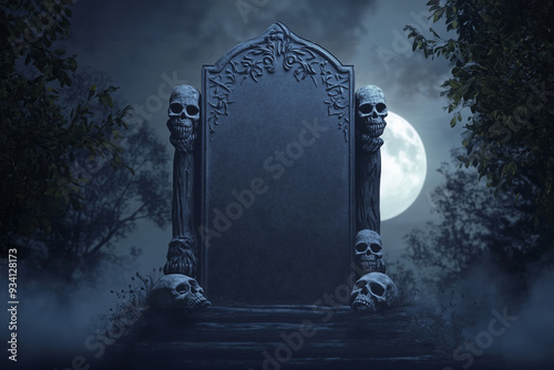 A blank headstone stands in a foggy, moonlit cemetery, surrounded by eerie skulls and dead trees - a customizable Halloween sign - gothic tomb with copyspace for halloween party invitation, gothic