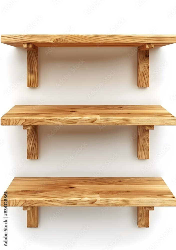 Three Wooden Shelves Against a White Wall Three Wooden Shelves Against a White Wall