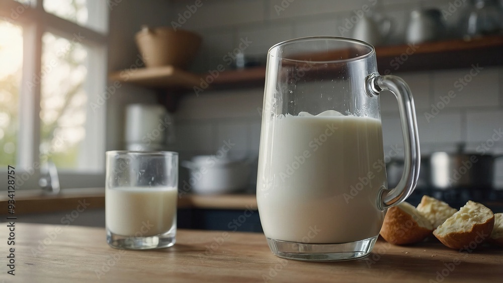 A clear glass filled with milk is positioned on a rustic wooden table, with sunlight streaming through windows A clear glass filled with milk is positioned on a rustic wooden table, with sunlight streaming through windows