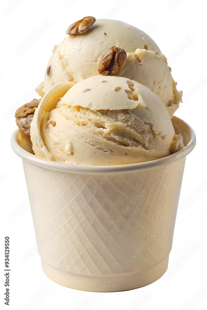 Double scoop of vanilla ice cream with pecans in a waffle cup transparent PNG file
