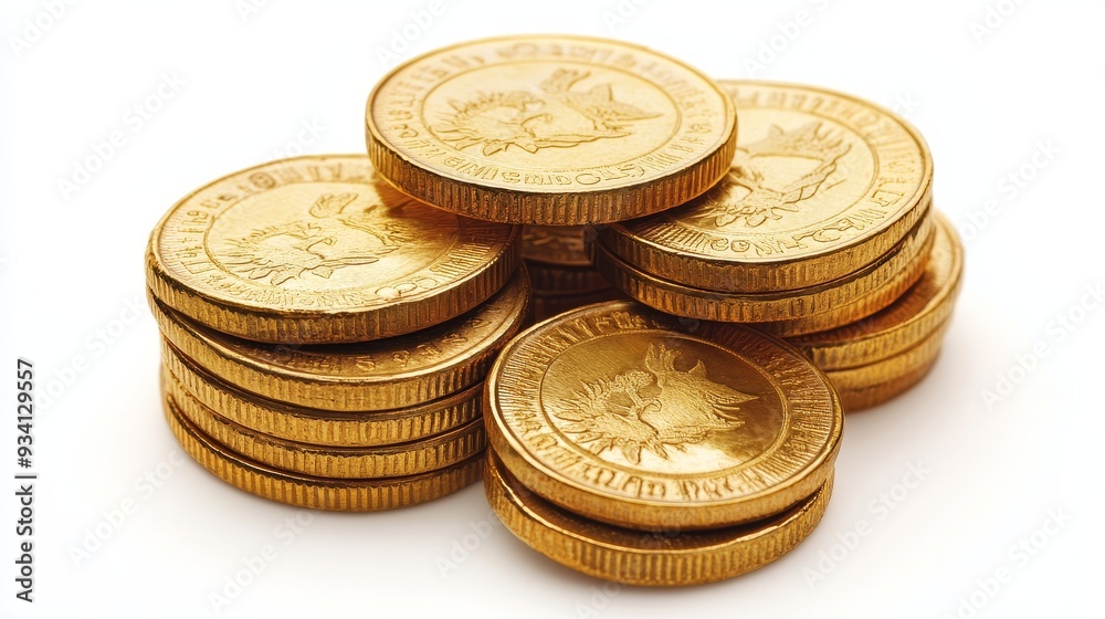 Golden Coins Stacked on White Background - A stack of shiny gold coins, symbolizing wealth, prosperity, success, and financial security. Golden Coins Stacked on White Background - A stack of shiny gold coins, symbolizing wealth, prosperity, success, and financial security.