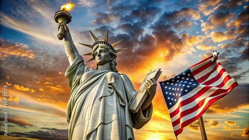 Majestic neoclassical statue stands tall with colossal tablet and radiant torch, draped in folds of freedom, against a vibrant American flag waving in the wind. photo