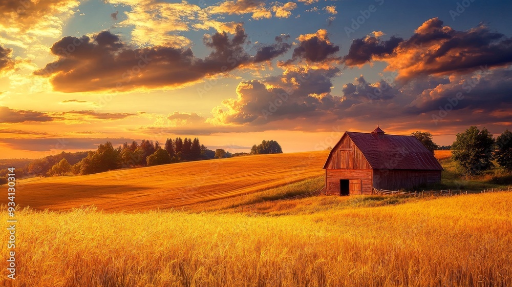 Golden Sunset Over Farmland with Rustic Barn - A picturesque scene of a weathered wooden barn standing alone in a field of golden wheat, bathed in the warm glow of a setting sun. The sky is ablaze wit Golden Sunset Over Farmland with Rustic Barn - A picturesque scene of a weathered wooden barn standing alone in a field of golden wheat, bathed in the warm glow of a setting sun. The sky is ablaze wit
