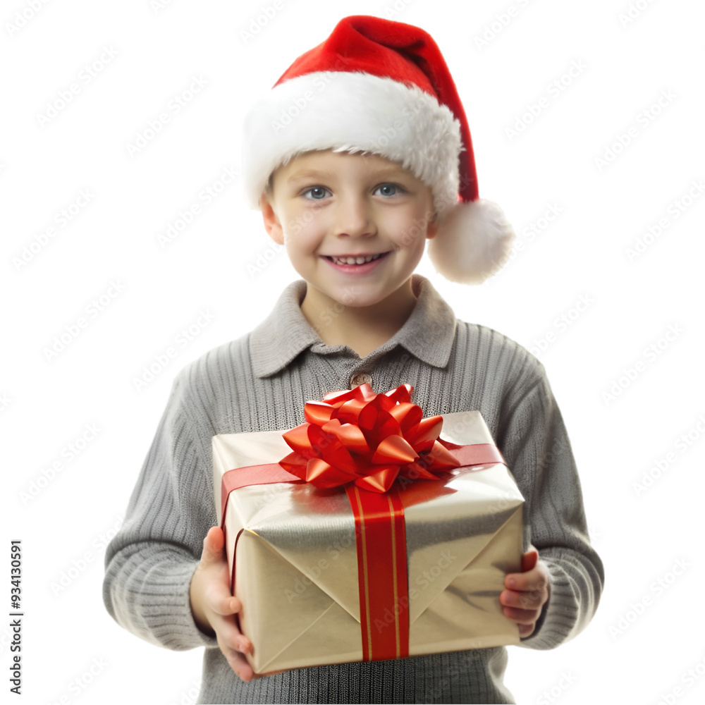 Happy child in red sweater and Santa hat holding Christmas present Happy child in red sweater and Santa hat holding Christmas present
