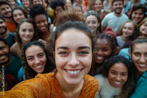 group, many people around a woman taking a large selfy of a multiracial group, students having fun, big party, people from different part of the world, multi age and diversity, Generative AI