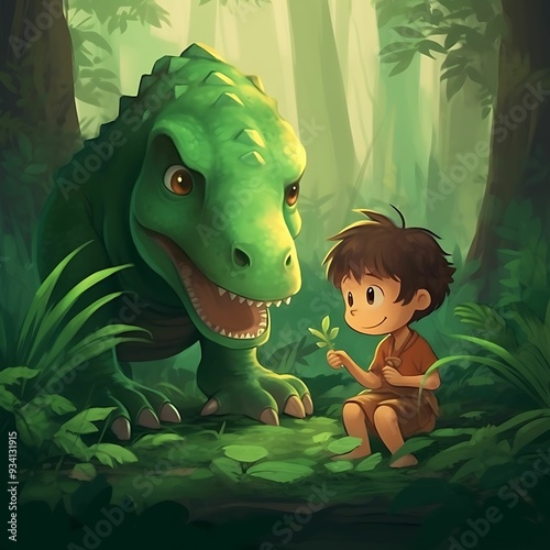 A boy befriends a friendly dinosaur in a lush, green forest during daylight photo