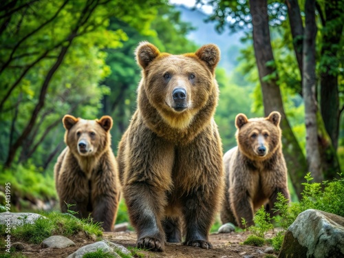 Majestic rescue bears roam freely in a tranquil forest haven at a Bulgarian sanctuary, enjoying a second chance at a peaceful life. photo