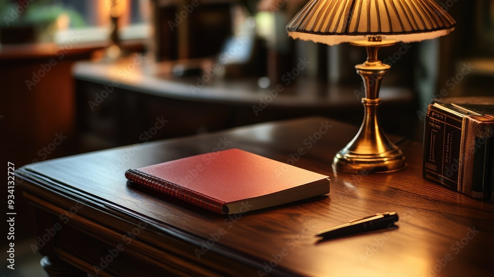 Elegant desk scene with a lamp illuminating a notebook, dark red and pink tones, wooden desk, close-up view, warm indoor lighting. Elegant desk scene with a lamp illuminating a notebook, dark red and pink tones, wooden desk, close-up view, warm indoor lighting.