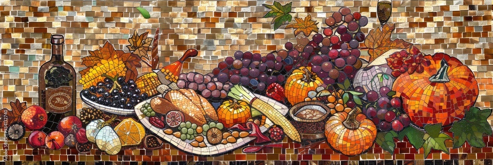 Fototapeta premium mosaic style illustration depicting a Thanksgiving scene, using small colorful tiles to form images of harvest, feasting, and seasonal elements