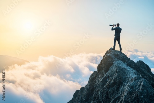 Businessman with telescope atop a mountain peak, searching the horizon atop clouds