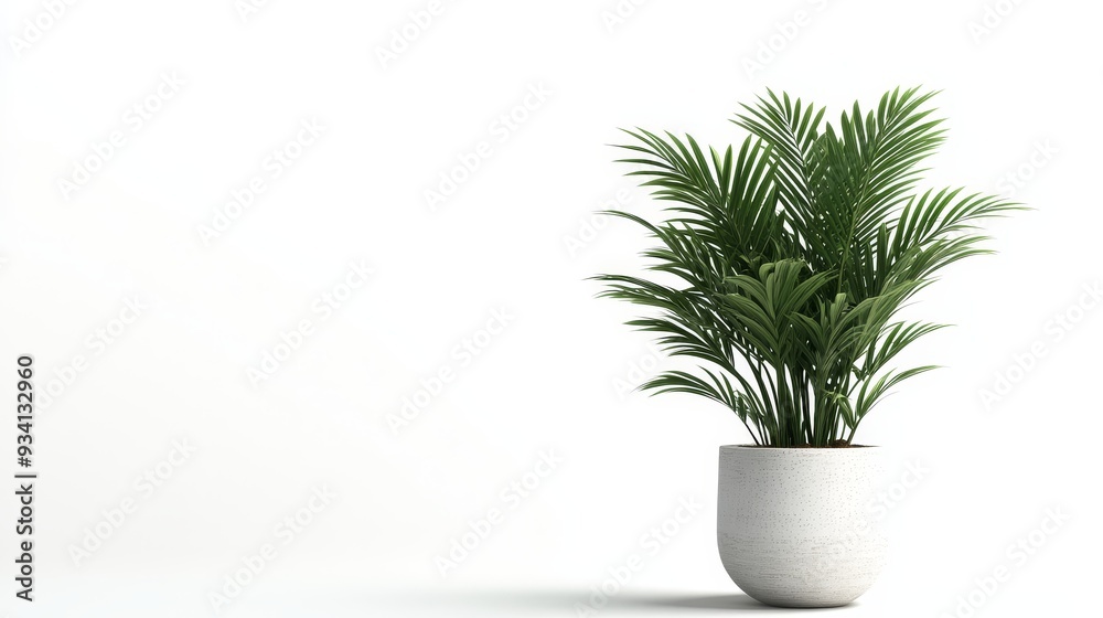 Lush Green Palm Plant in White Pot Against White Background - A single palm plant in a white pot, symbolizing life, growth, nature, tranquility, and indoor greenery. Lush Green Palm Plant in White Pot Against White Background - A single palm plant in a white pot, symbolizing life, growth, nature, tranquility, and indoor greenery.