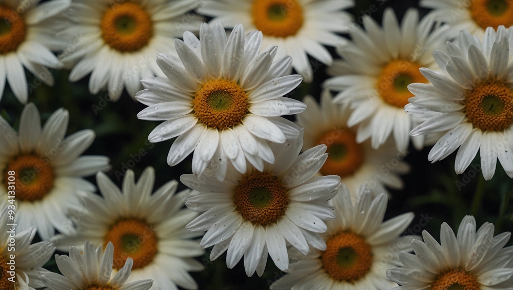 Fototapeta premium Sunny Daisy Background: Top View of Bright White and Yellow Petals on Green Grass