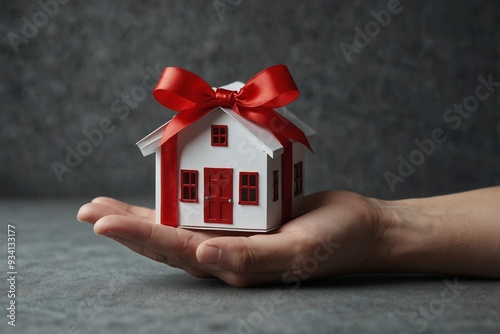 Small House Shaped like a Gift with Red Ribbon: Congratulations on Buying Property