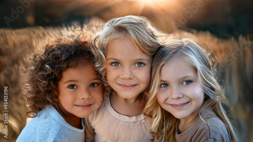 MENINAS AMIGAS OU IRMÃS ABRAÇADAS COM CARINHO EM UM RETRATO EM ESTILO VINTAGE photo