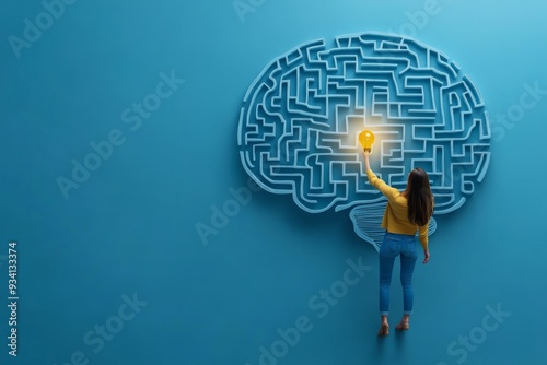 Creative idea and artificial intelligence concept with tini woman switching on light bulb in labyrinth in form of human brain on blue background