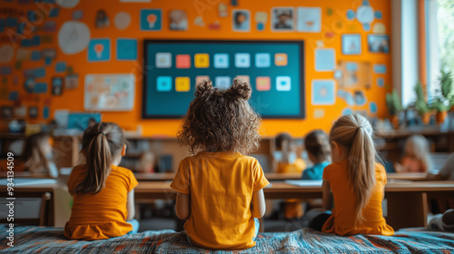 A digital classroom with children participating in a webinar about social media privacy, with vibrant, dynamic graphics illustrating key points.