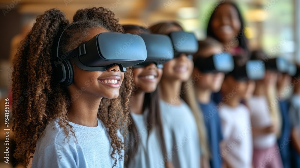 Children wearing virtual reality headsets delight in a shared experience, showcasing smiles and enthusiasm in a modern tech setting Children wearing virtual reality headsets delight in a shared experience, showcasing smiles and enthusiasm in a modern tech setting
