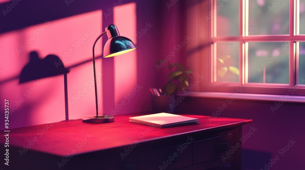 Obraz premium High-resolution interior shot of a desk lamp on a dark red and pink desk, illuminating a notebook, warm lighting, and a window nearby.