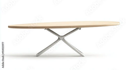 Modern Oval Wooden Table with Cross-Shaped Metal Base - This contemporary table features a sleek, oval wooden top supported by a unique cross-shaped metal base, creating a visually appealing and funct