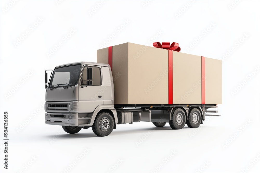 Truck delivering present on white background with mock up place for your advertisement Truck delivering present on white background with mock up place for your advertisement