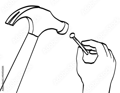 Drawing sketch style illustration of a hand with hammer hammering or driving nail viewed from high angle on isolated background done in black and white ilne art.