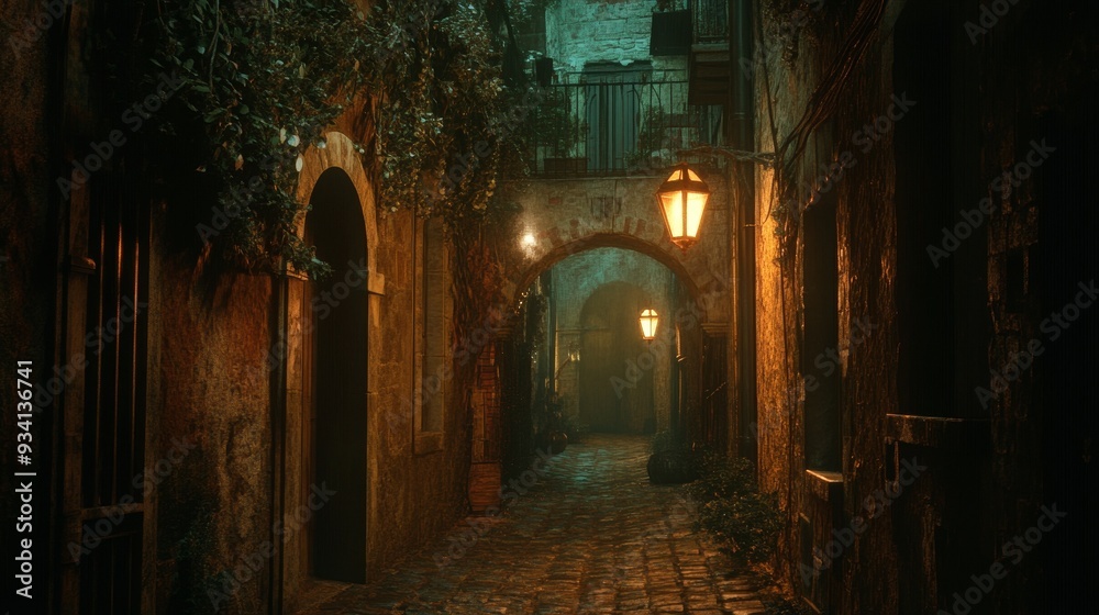 Obraz premium Mysterious Back Alley in Old Town with Glowing Street Lights - A narrow, cobblestone alleyway in an old town, shrouded in mist and illuminated by warm, glowing streetlights. The atmosphere is both mys