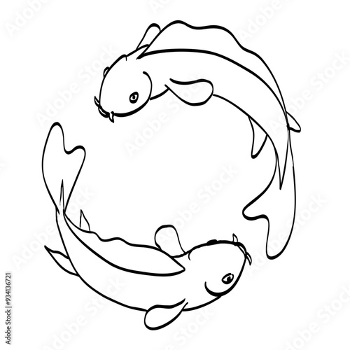 Drawing sketch style illustration of koi or nishikigoi carp fish swimming in a circle on isolated background done in black and white ilne art.
