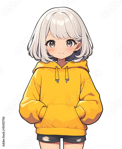 Una joven con cabello plateado luce un estiloso suéter amarillo mientras sonríe, en un entorno urbano iluminado por la luz del día, transmitiendo alegría y frescura