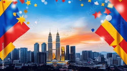 Digital graphic design celebrating Malaysia Independence Day. The layout features two Malaysian flags with red and white stripes anda blue canton with a yellow crescent photo