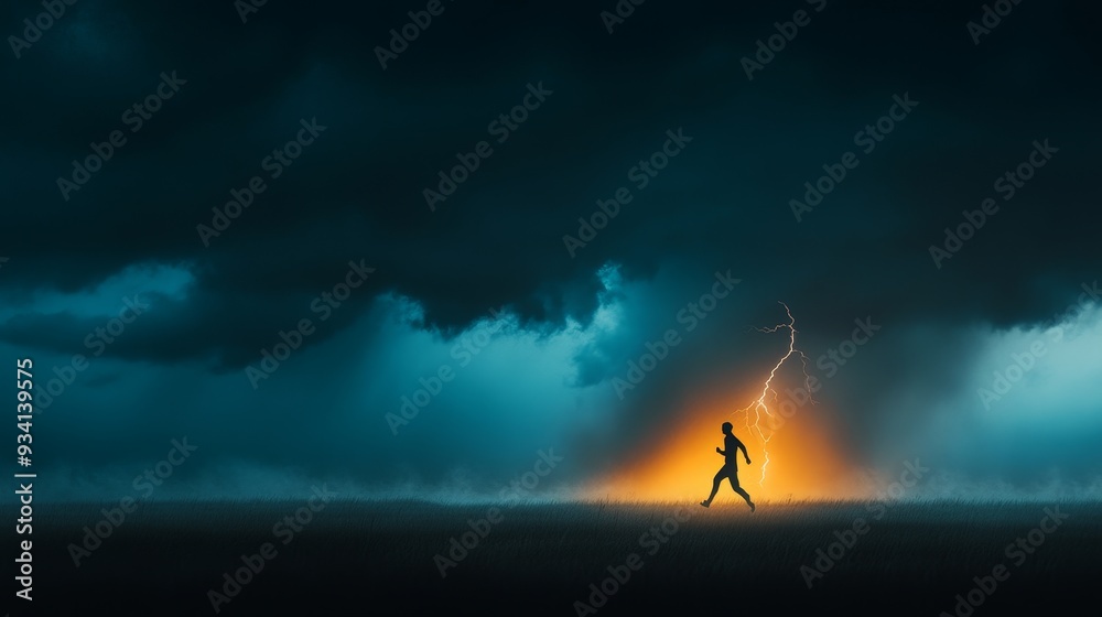 Running Towards The Light During A Storm - A lone figure runs towards a bright light amidst a raging storm, symbolizing hope, perseverance, overcoming challenges, facing fears, and finding a way out o Running Towards The Light During A Storm - A lone figure runs towards a bright light amidst a raging storm, symbolizing hope, perseverance, overcoming challenges, facing fears, and finding a way out o
