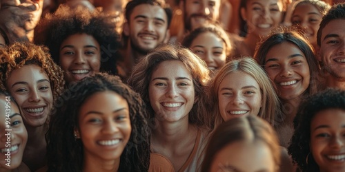 Collage of large group of smiling people composite portrait image gathered together reaching out each other 4g 5g connection contacting multiracial, Generative AI photo