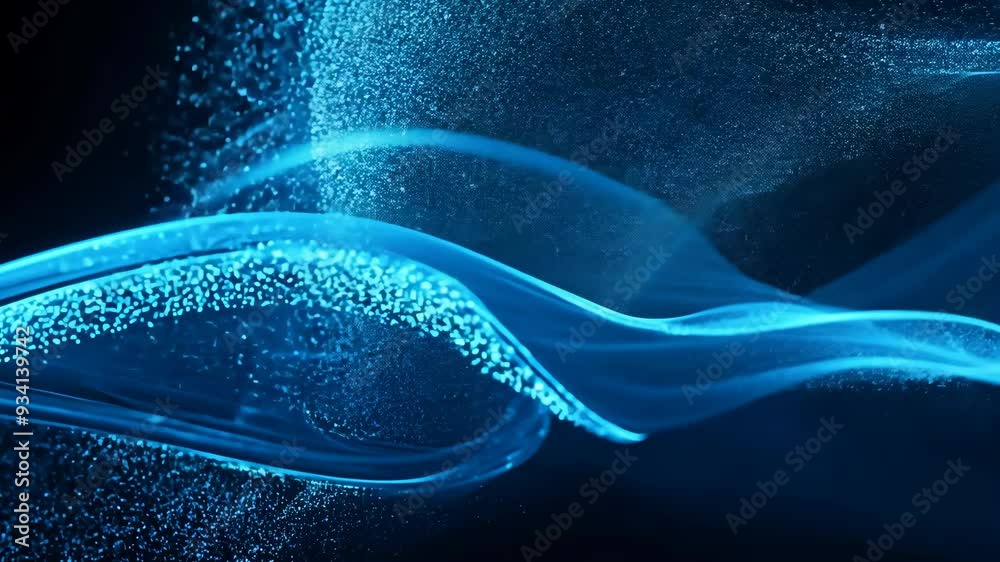 Abstract blue glitter wave flowing in the empty black space. Festive backdrop with floating shimmer simulation for Christmas, holiday, presentation, party or promo clip.

