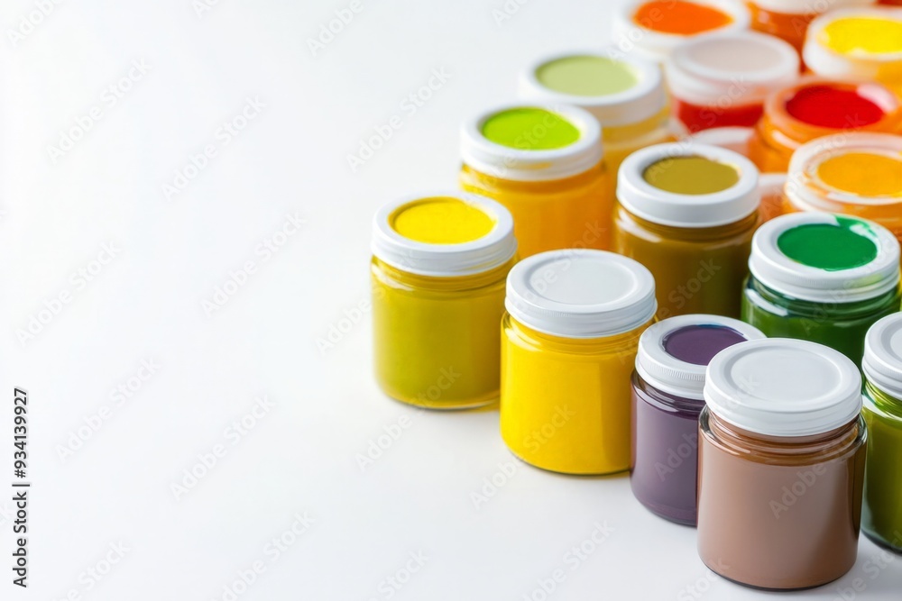 Colorful photo of small paint jars arranged in a neat, diagonal pattern across the right side of a white background. soft focus Colorful photo of small paint jars arranged in a neat, diagonal pattern across the right side of a white background. soft focus