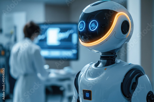 The concept of the future in medicine. A humanoid robot, together with a medical worker, discusses a future operation. A modern medical office with high equipment, future technologies with AI. photo