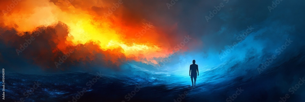 Silhouette of a Man Walking Towards a Blazing Sky - A solitary figure walks towards a fiery horizon, representing choice, destiny, hope, and the unknown. The contrasting colors suggest a balance betwe Silhouette of a Man Walking Towards a Blazing Sky - A solitary figure walks towards a fiery horizon, representing choice, destiny, hope, and the unknown. The contrasting colors suggest a balance betwe