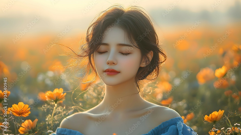 Naklejka premium Beautiful Woman in a Field of Yellow Flowers