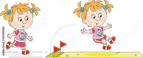 Cheerful little girl in a long jump with a running start in competitions on a sports ground, vector cartoon illustration isolated on a white background