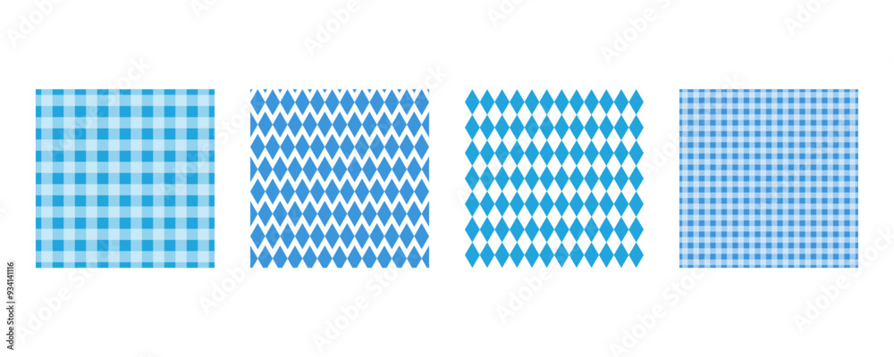 Dirndl pattern set. Bavarian pattern with blue and white rhombus, diamonds. Oktoberfest seamless patterns set. White and blue backgrounds for beer festival, Bavarian print. Checkered, plaid wallpaper. Dirndl pattern set. Bavarian pattern with blue and white rhombus, diamonds. Oktoberfest seamless patterns set. White and blue backgrounds for beer festival, Bavarian print. Checkered, plaid wallpaper.