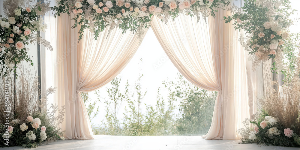 Elegant Outdoor Wedding Arch with Floral Decorations and Sheer Draped Curtains Elegant Outdoor Wedding Arch with Floral Decorations and Sheer Draped Curtains