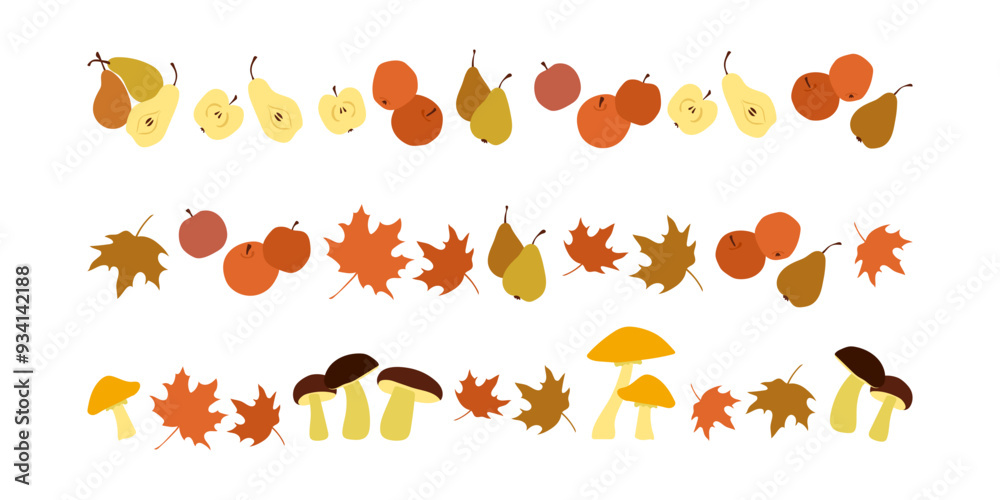 Fototapeta premium Set of autumn leaves and fruits pattern line. Fall orange leaves and mushrooms. Decorations for Back to School, Halloween, Thanksgiving. Fall border lines from autumn leaves, ripe apples and pears.