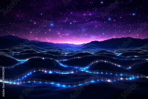 Night Sky Landscape with Glowing Music Notes