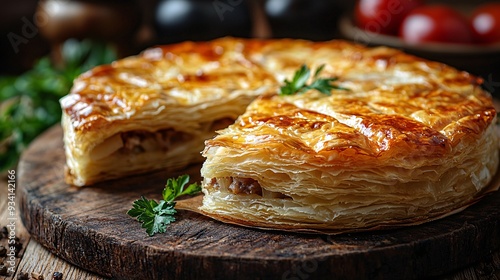 Traditional salty Burek with a crispy, golden-brown phyllo crust, arranged in a round shape photo