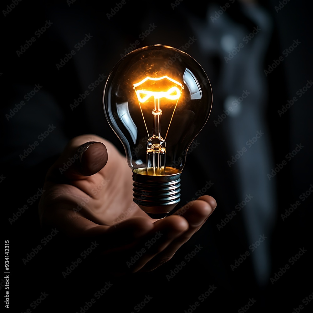 Businessman touching glowing light bulb icon on black background symbolizing innovation and business intelligence, modern technology, idea generation Businessman touching glowing light bulb icon on black background symbolizing innovation and business intelligence, modern technology, idea generation