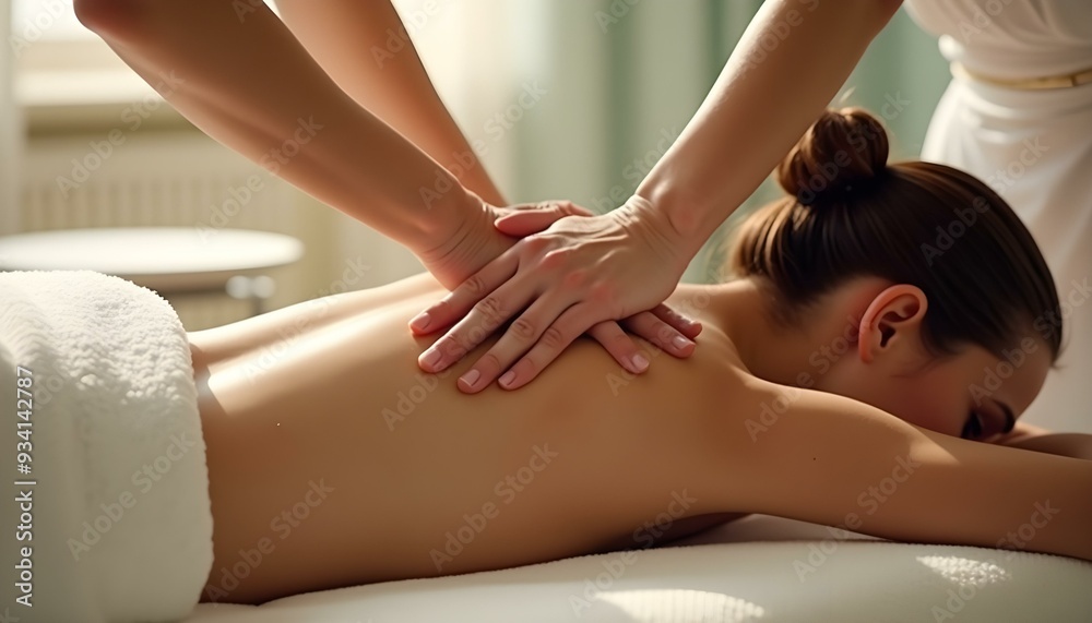 Fototapeta premium Against the backdrop of a calm and bright spa room, hands were gently massaging the back of a woman who was lying face down.