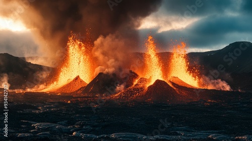 The raw power of an Icelandic volcanic eruption, capturing the intense explosion of molten lava, ash clouds, and glowing magma as it spews from the volcano. photo